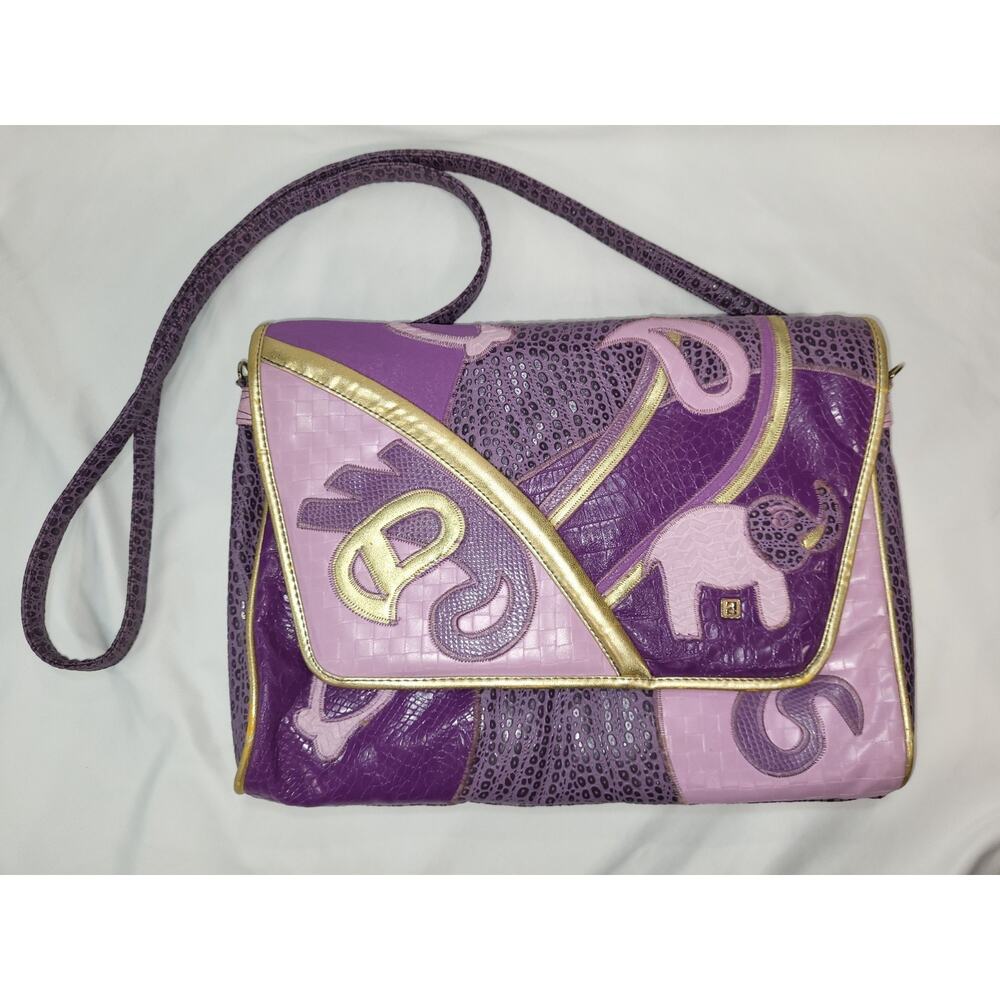 Vintage NAS Purple Elephant w Gold Trim Patchwork Crossbody Purse Leather